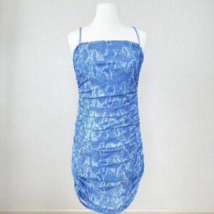 Finesse Laurel Mesh Printed Shirred Mini Dress in Blue Size Medium